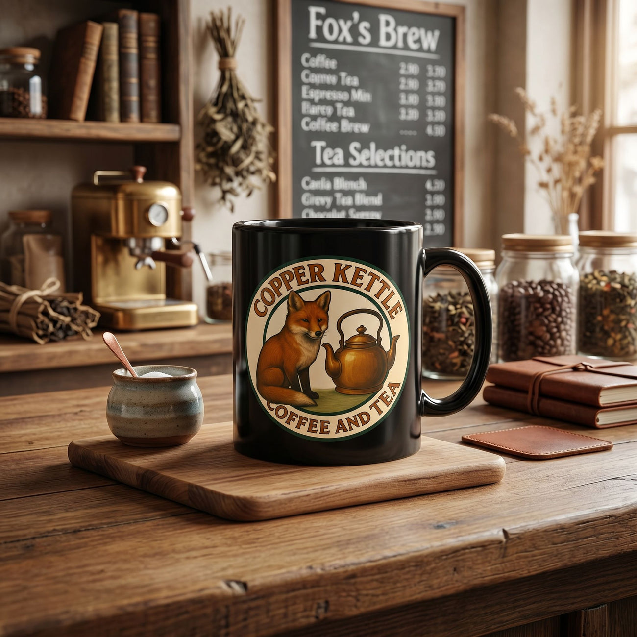Copper Kettle Coffee and Tea - Fox & Kellte Logo - Black Glossy Mug - Ceramic