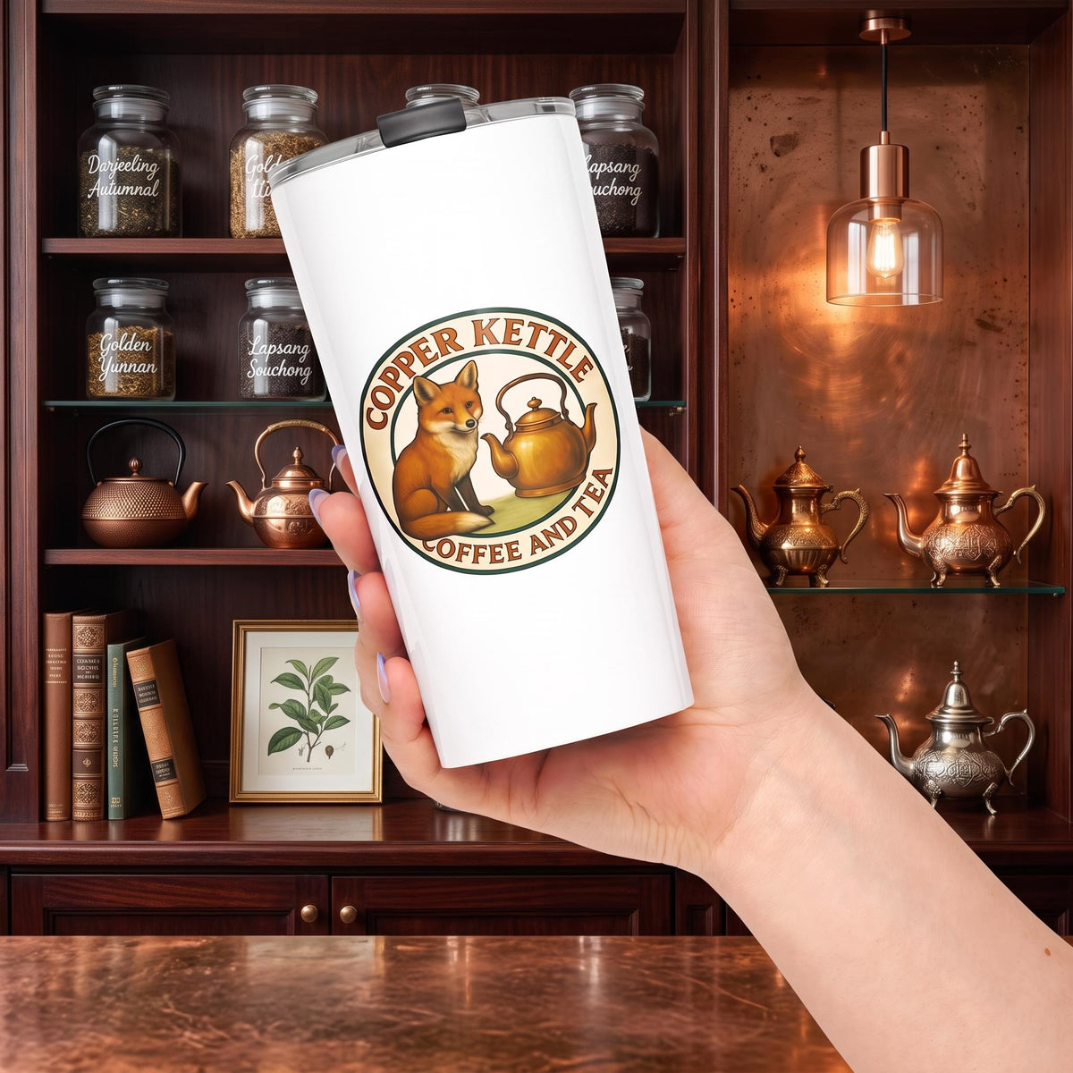 Fox & Kettle Logo Tapered Stainless Steel Tumbler – White | Copper Kettle Coffee & Tea