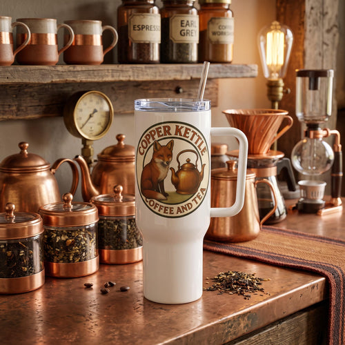 Fox & Kettle Logo Travel Mug with Handle – White | Copper Kettle Coffee & Tea