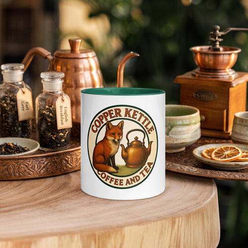 Fox & Kettle Logo Mug – White with Forest Green Trim | Copper Kettle Coffee & Tea