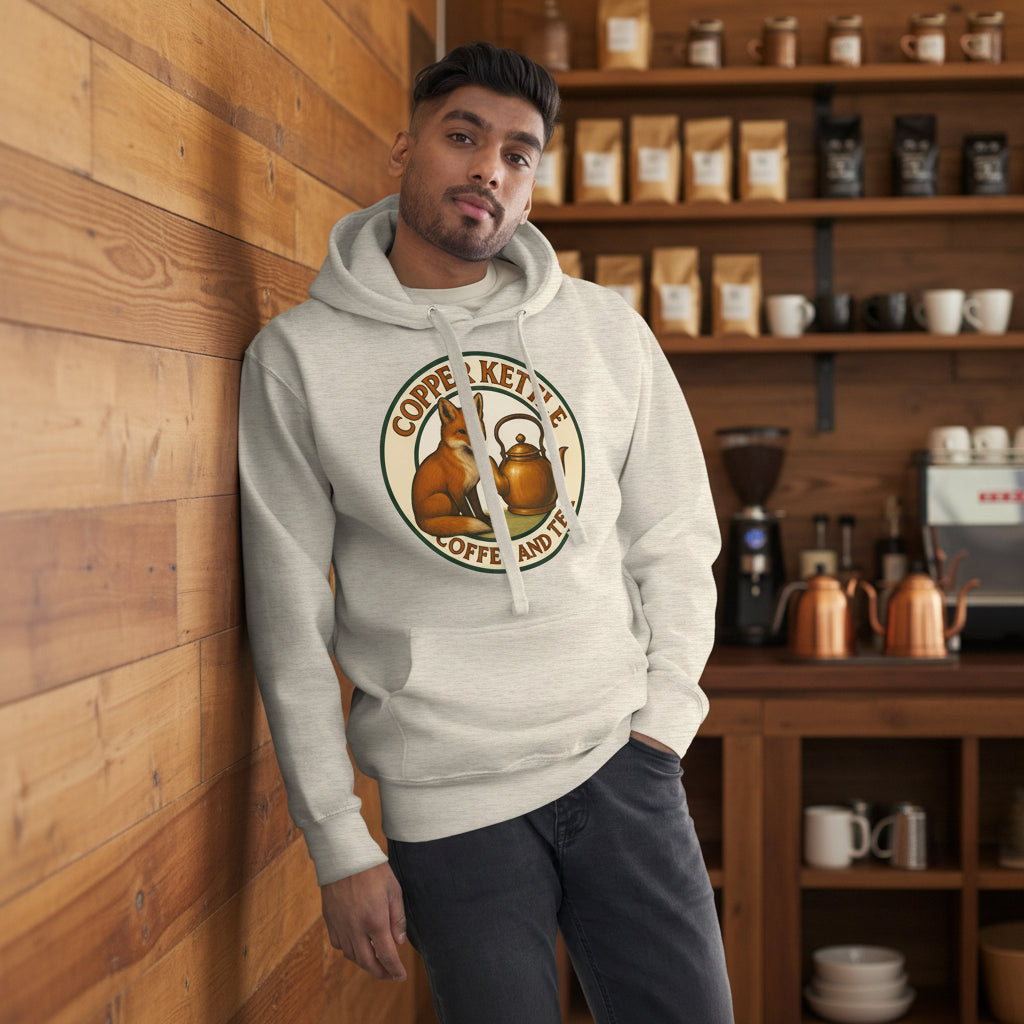 Copper Kettle Coffee and Tea unisex hoodie in soft cotton blend with sizing chart