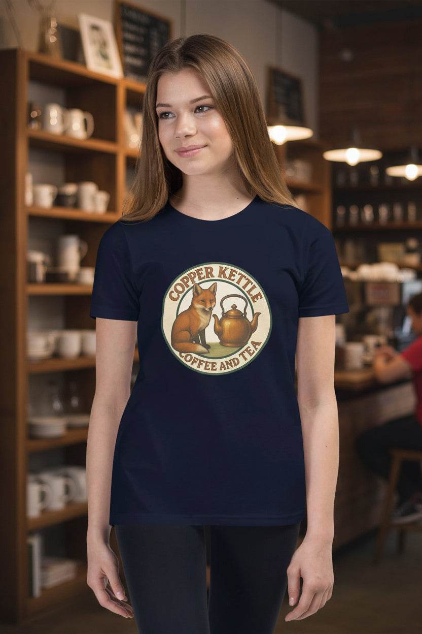 Youth short sleeve t-shirt with Copper Kettle Coffee and Tea logo, soft breathable cotton blend, available in sizes S to XL