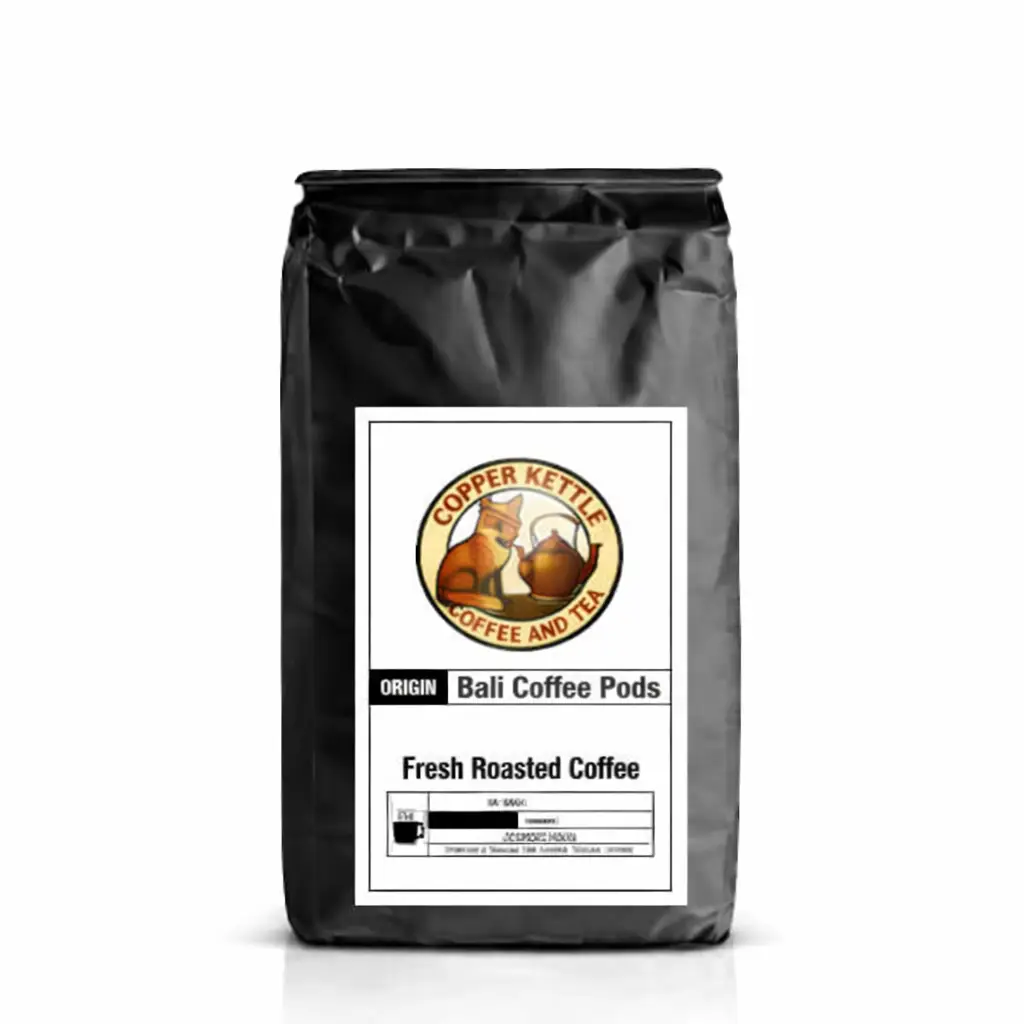 Bali Coffee Pods packaging with volcanic landscape and coffee beans highlighting single-origin med-dark roast from Kintamani