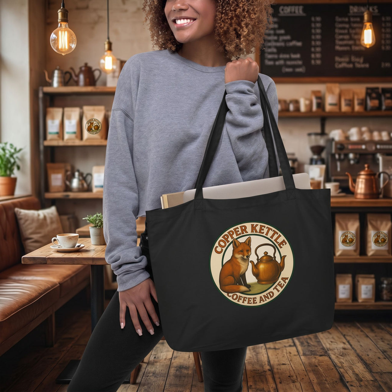 Copper Kettle Coffee and Tea - Fox & Kettle Logo - Large Organic Tote Bag- Black