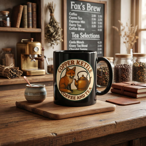 Copper Kettle Coffee and Tea - Fox & Kellte Logo - Black Glossy Mug -  Ceramic