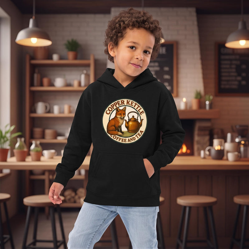 Fox & Kettle Logo Kids Fleece Hoodie – Black (S–XL) | Copper Kettle Coffee & Tea