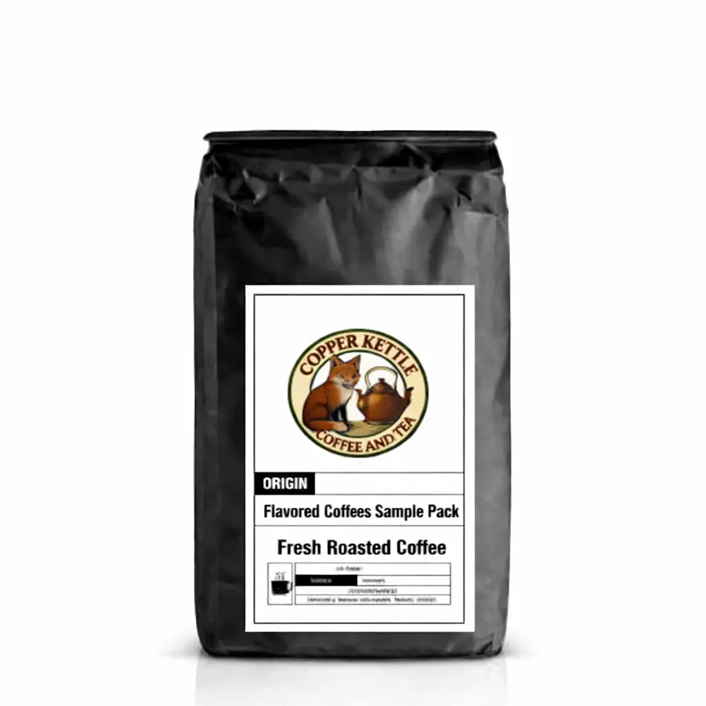Flavored Coffees Sample Pack featuring six 2 oz pouches of medium roast specialty flavored coffees including French Vanilla, Hazelnut, Cinnabun, Caramel, Mocha, and Cinnamon Hazelnut
