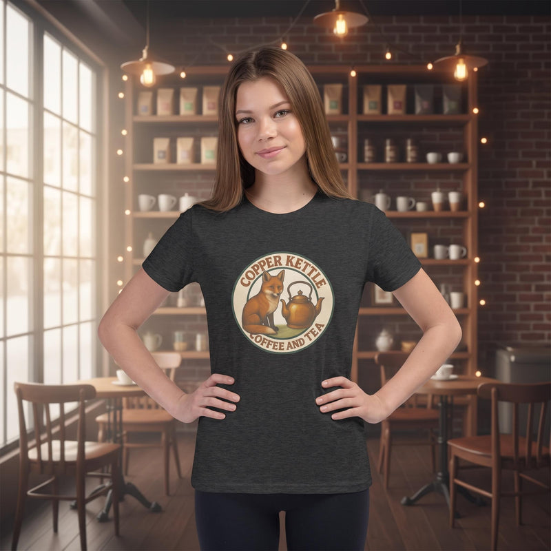 Fox & Kettle Logo Youth Short Sleeve T‑Shirt – Soft Cotton Blend (S–XL) | Copper Kettle Coffee & Tea