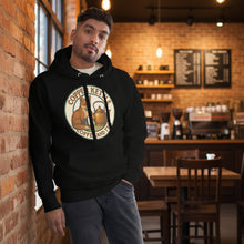 Copper Kettle Coffee and Tea unisex hoodie in soft cotton blend with sizing chart