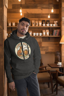 Copper Kettle Coffee and Tea unisex hoodie in soft cotton blend with sizing chart