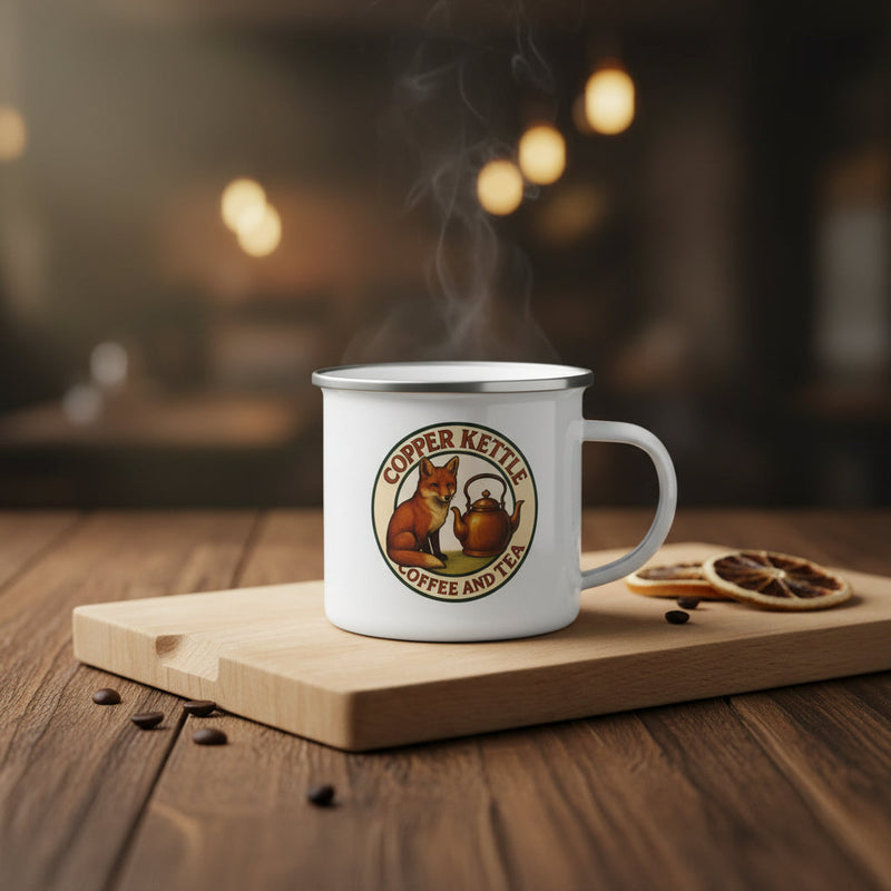 Copper Kettle Coffee and Tea Fox & Kettle Logo Enamel Mug - White