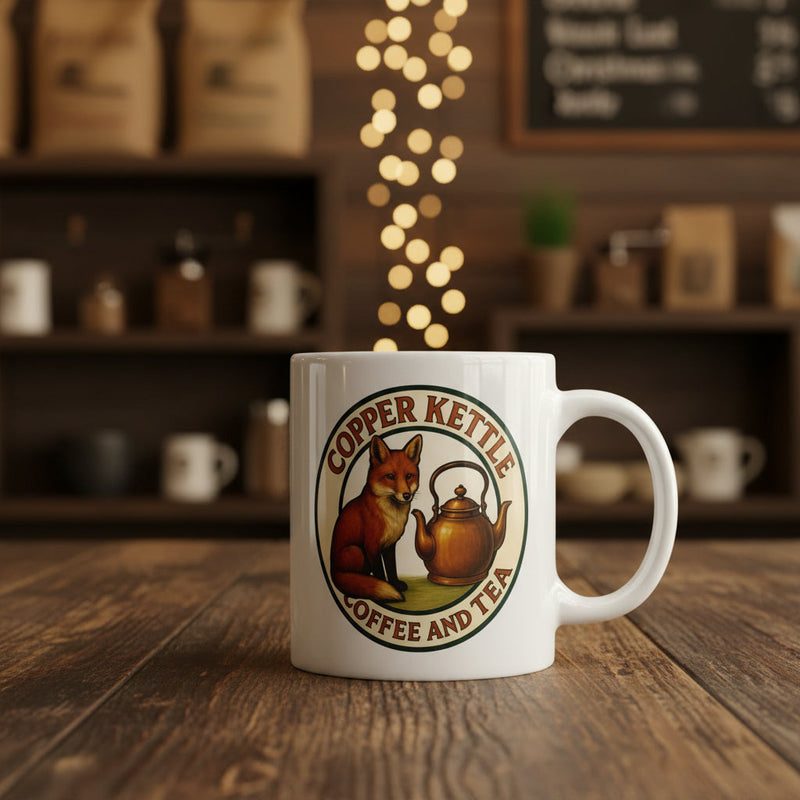 Copper Kettle Coffee and Tea Fox & Kettle Logo Ceramic Mug - White