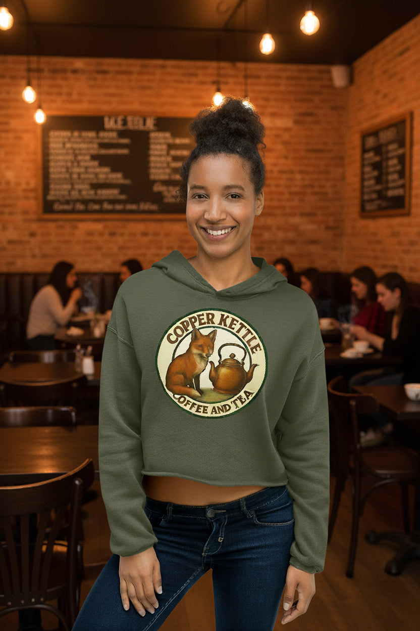 Copper Kettle Coffee women's crop top hoodie with raw hem and drawstrings