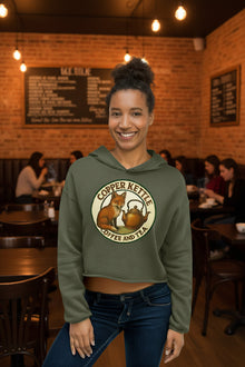 Copper Kettle Coffee women's crop top hoodie with raw hem and drawstrings