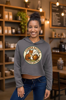 Copper Kettle Coffee women's crop top hoodie with raw hem and drawstrings