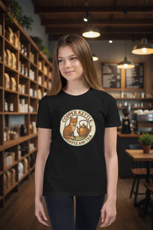 Youth short sleeve t-shirt with Copper Kettle Coffee and Tea logo, soft breathable cotton blend, available in sizes S to XL
