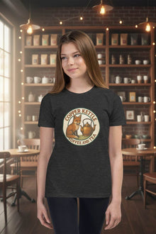 Youth short sleeve t-shirt with Copper Kettle Coffee and Tea logo, soft breathable cotton blend, available in sizes S to XL