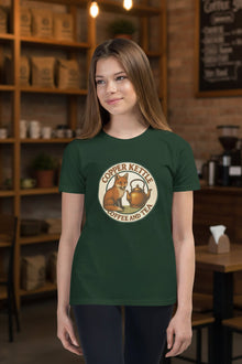Youth short sleeve t-shirt with Copper Kettle Coffee and Tea logo, soft breathable cotton blend, available in sizes S to XL