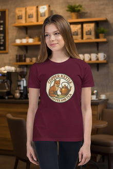 Youth short sleeve t-shirt with Copper Kettle Coffee and Tea logo, soft breathable cotton blend, available in sizes S to XL